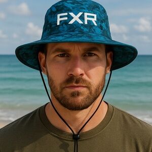 FXR Blue Camo Attack Hat OS Sunshield Wide Brim Outdoor Fishing Hiking Cap NWT